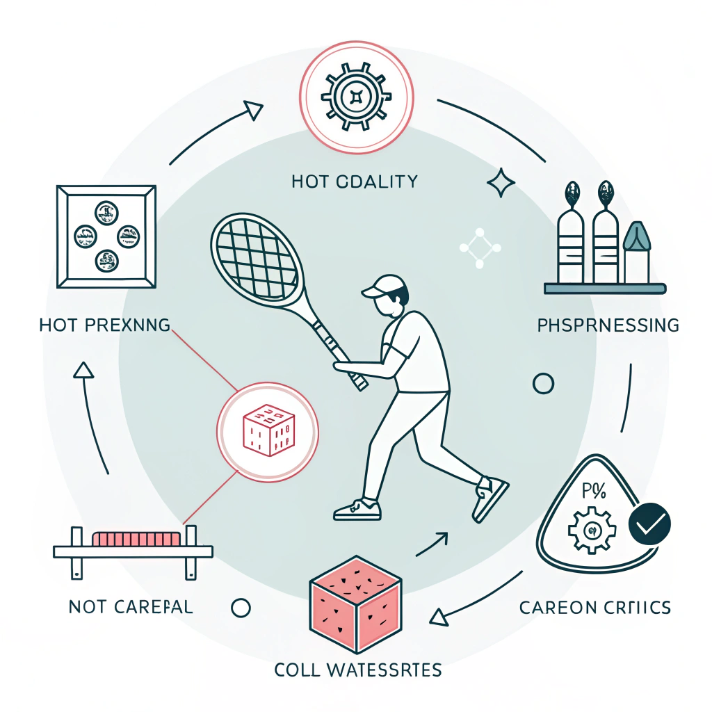 Minimalistic 2D artwork depicting advanced paddle production processes and quality control.