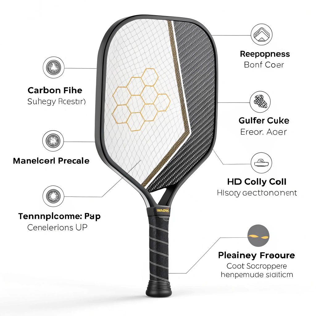 A minimalist 2D illustration of a high-performance pickleball paddle showcasing precise material layers and modern production techniques.