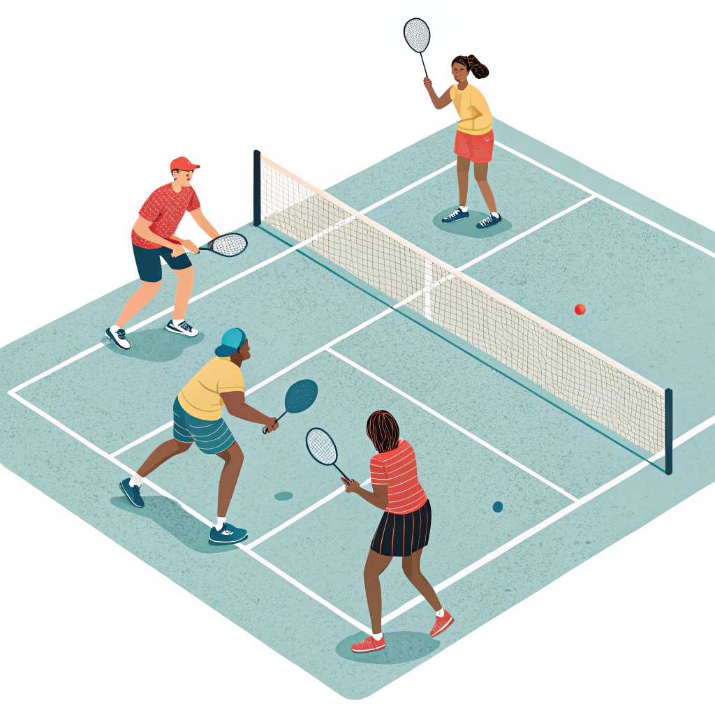 Minimal illustration of diverse players engaging in active pickleball game