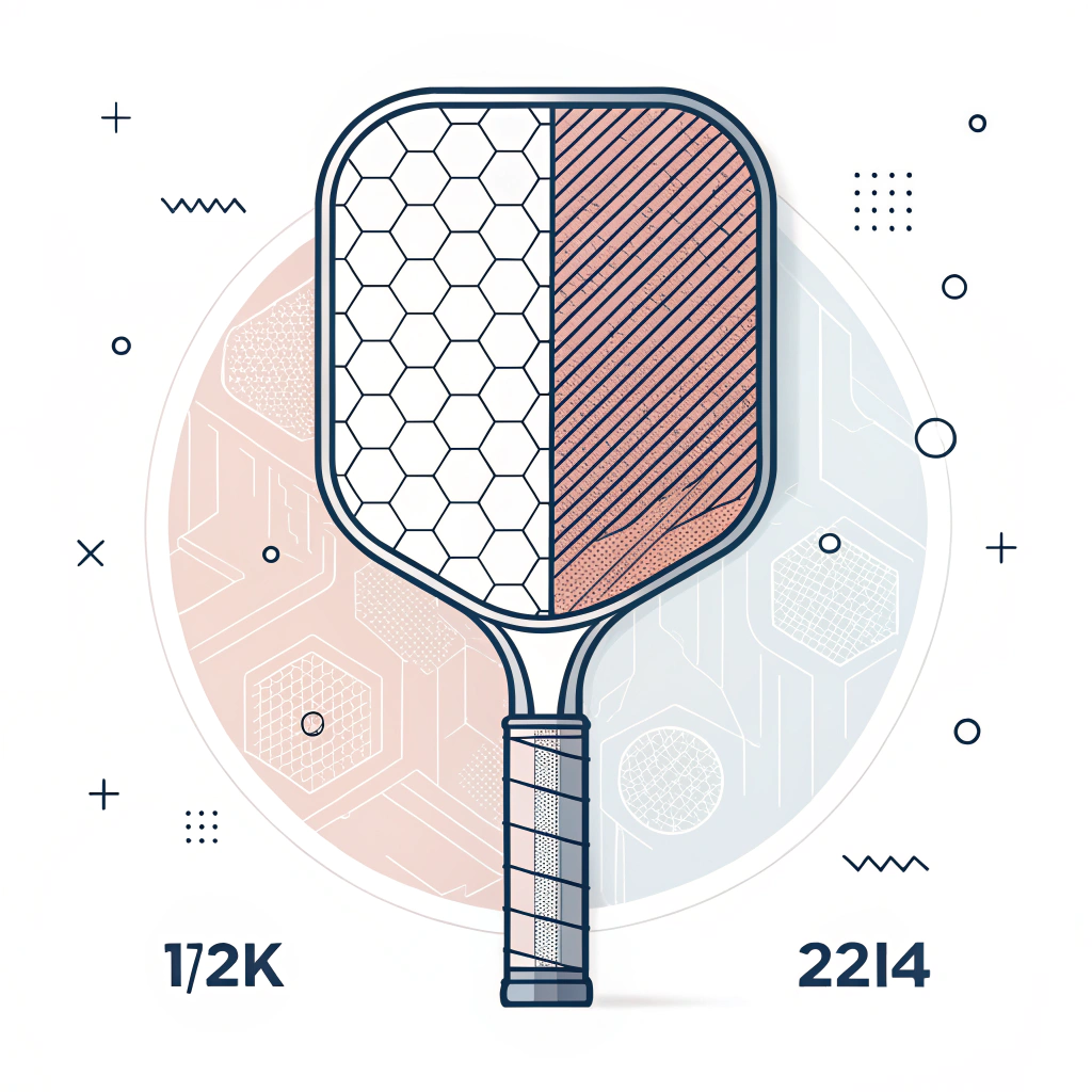 Flat design of a pickleball paddle with abstract carbon fiber textures and subtle manufacturing elements.