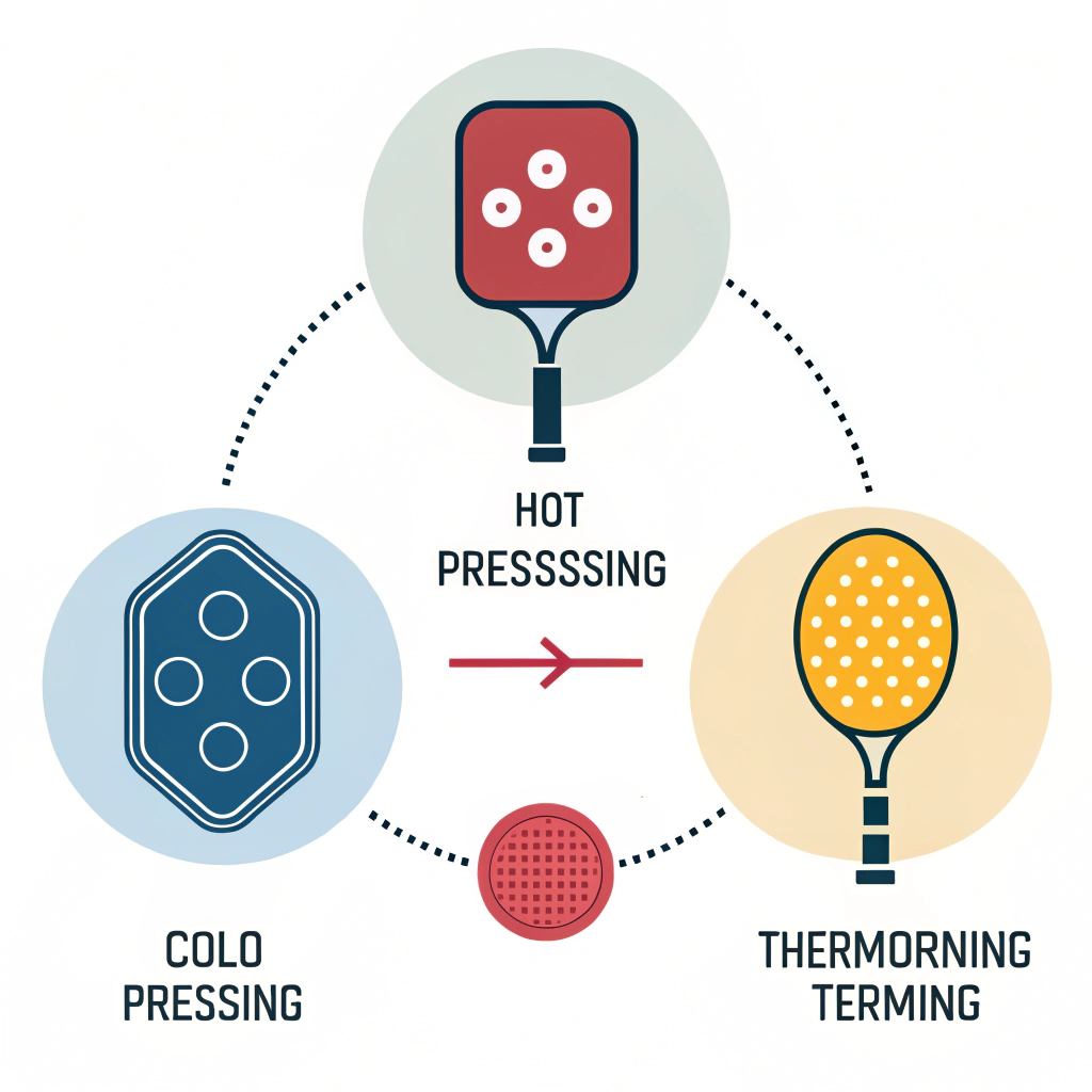 minimalist illustration showing three stages of pickleball paddle production