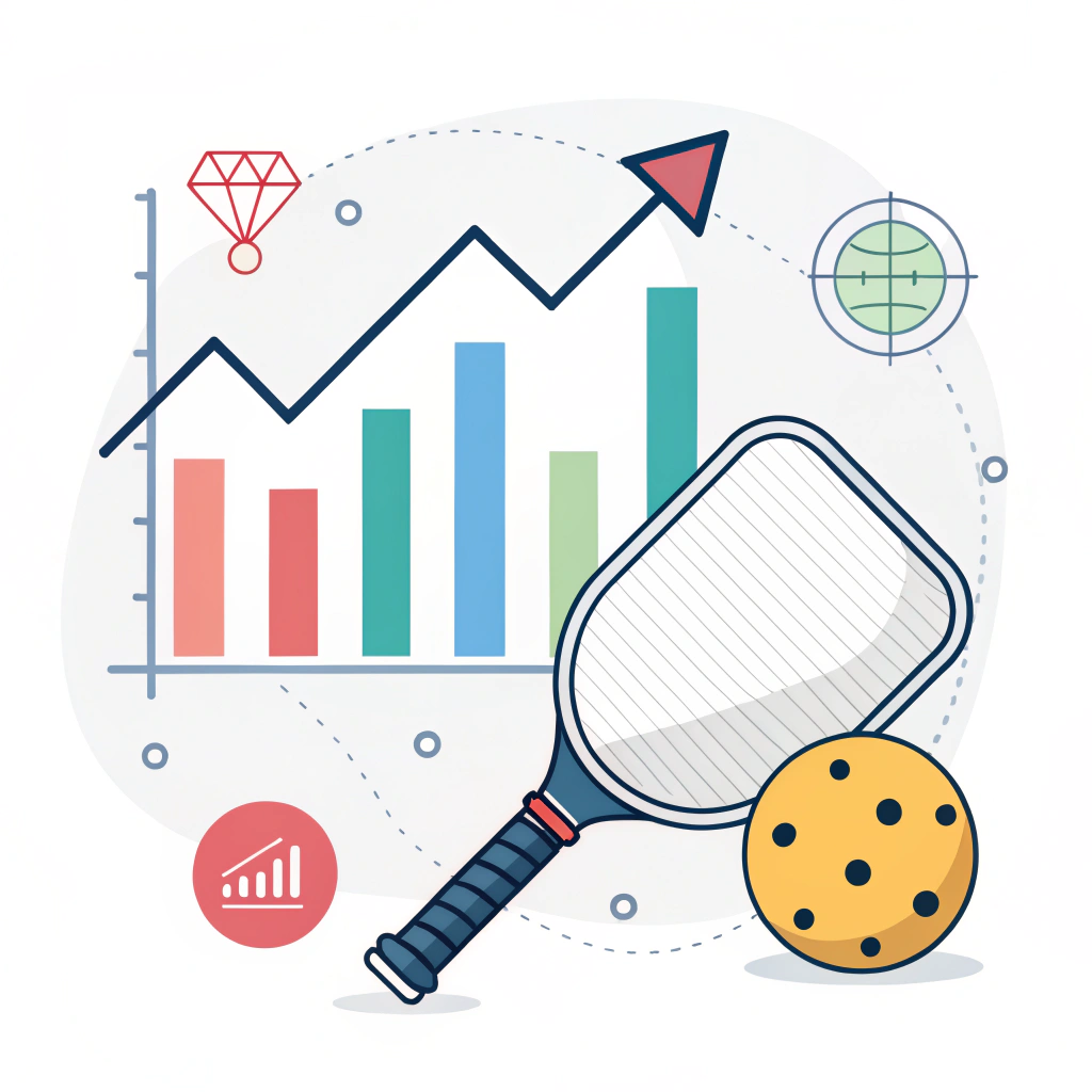 Flat design illustration of pickleball equipment with abstract market trend elements.