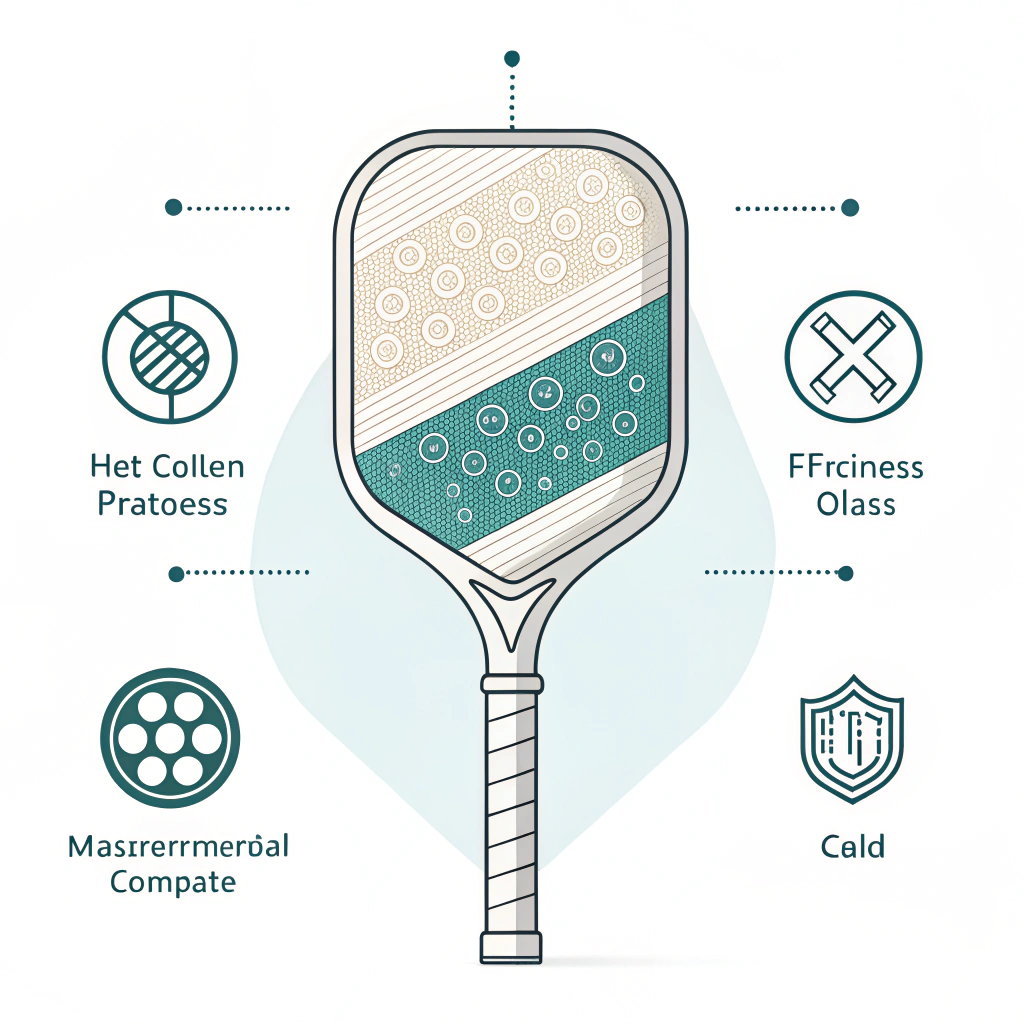 Minimal 2D illustration of a layered pickleball paddle with abstract production icons.
