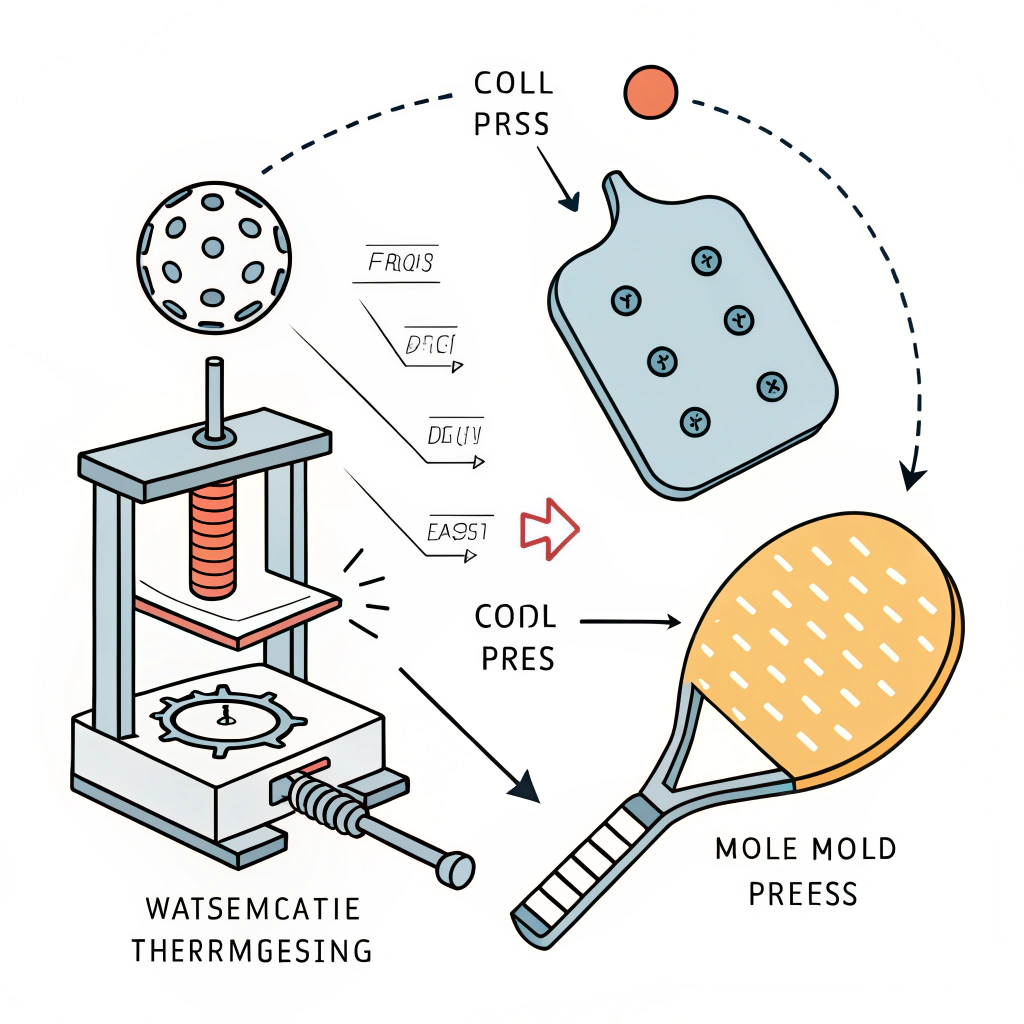 Minimal 2D illustration of three production methods for pickleball paddles.