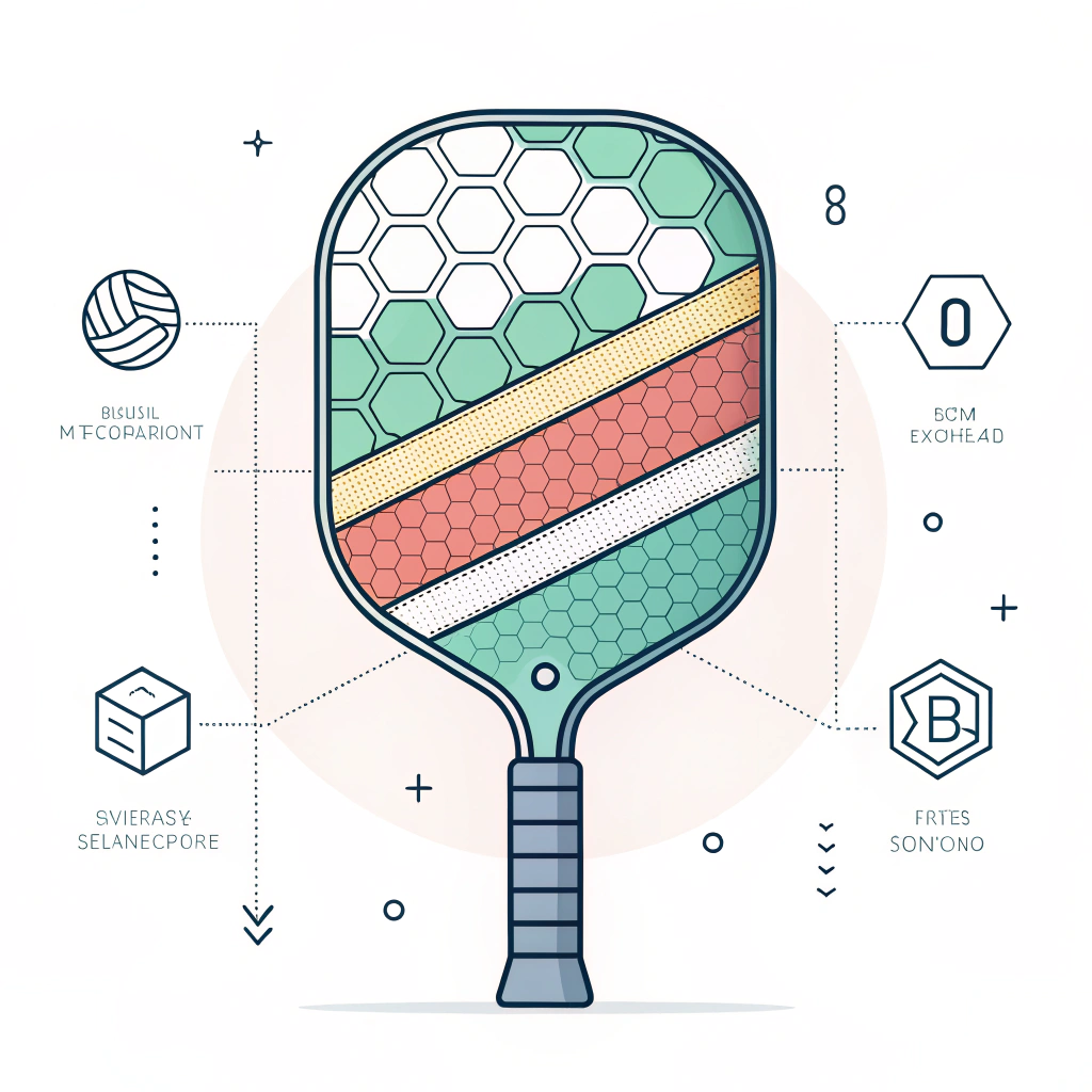 Minimalist 2D illustration of an abstract pickleball paddle with layered geometric elements representing materials and processes.