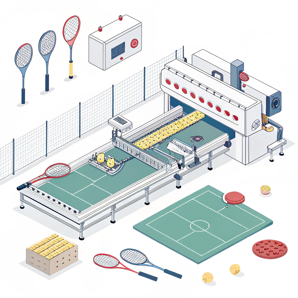 Minimal 2D illustration of advanced pickleball paddle production in a modern factory