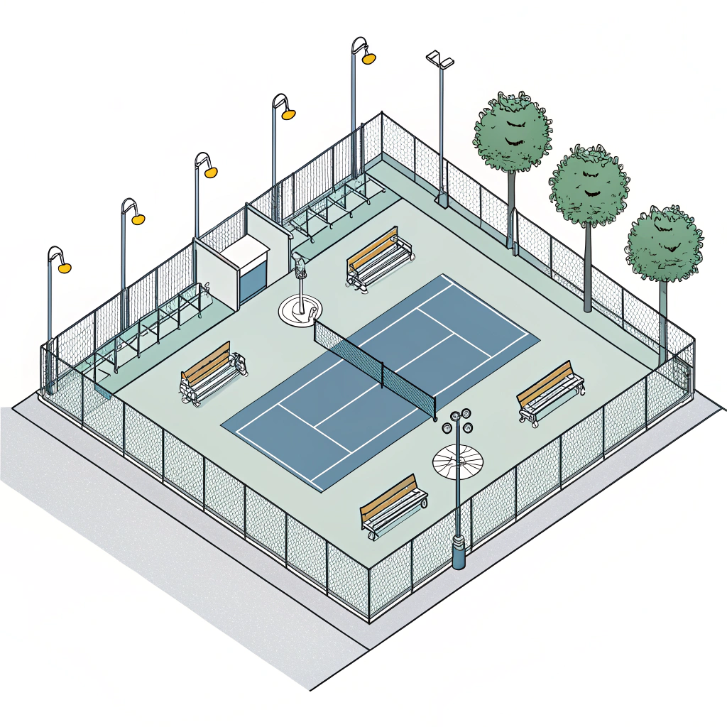 Minimalist 2D depiction of a pickleball court facility with infrastructure details