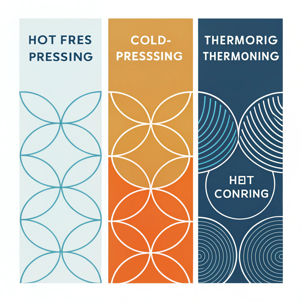 Minimalist flat illustration representing three manufacturing processes in abstract panels
