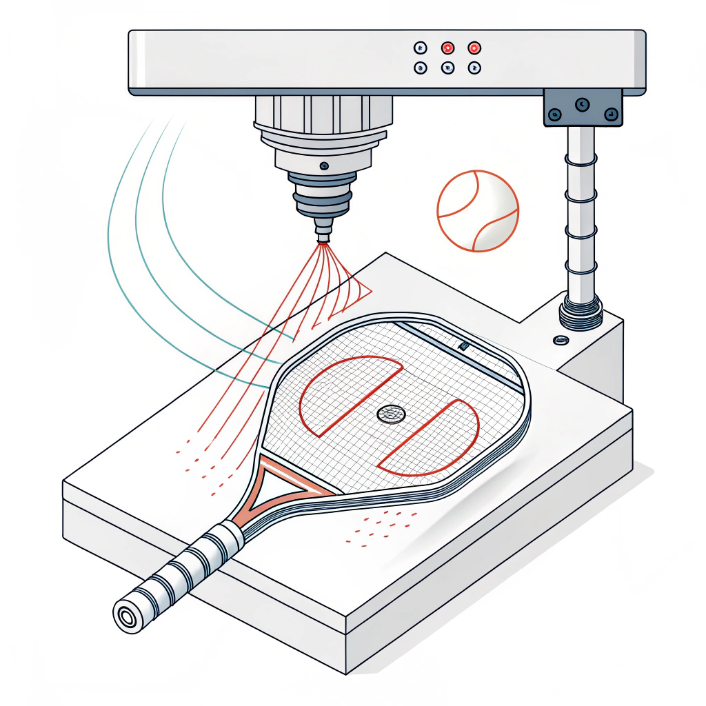 Minimalist digital art of a thermoforming process shaping a pickleball paddle.
