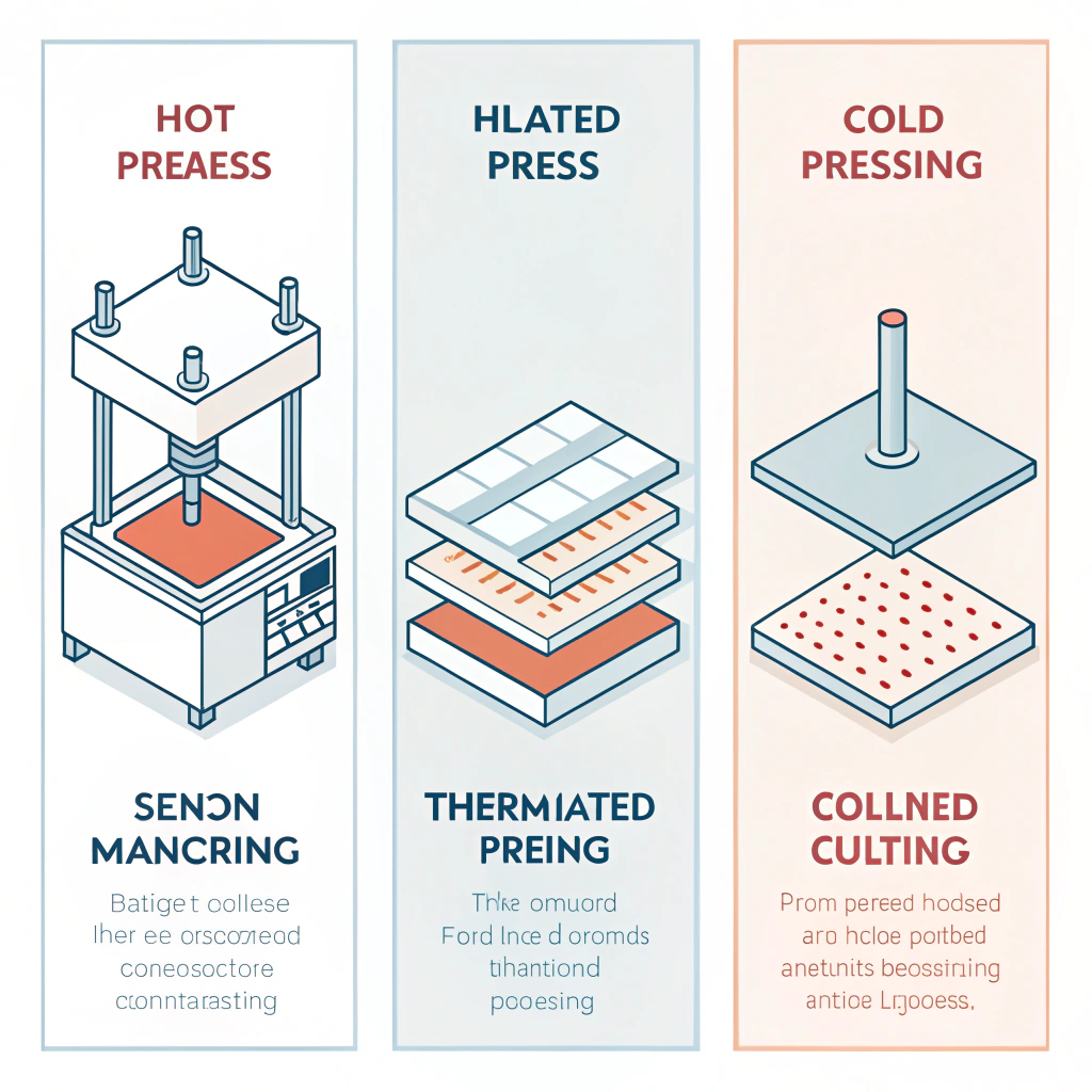 Minimal flat illustration showing three panels for hot pressing, cold pressing, and thermoforming processes.