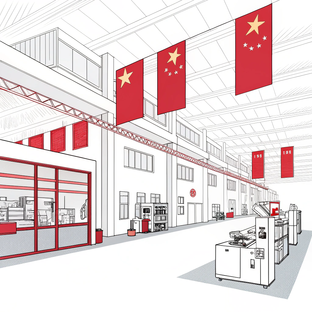 Minimalist illustration of a modern factory representing Chinese sports equipment manufacturing.