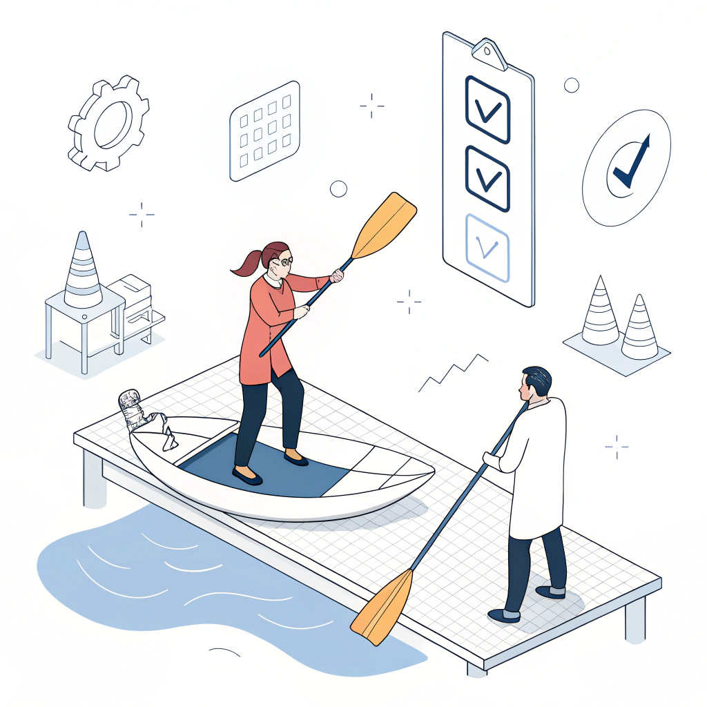 Minimalist cartoon of a paddle prototype undergoing engineering testing in a lab setup