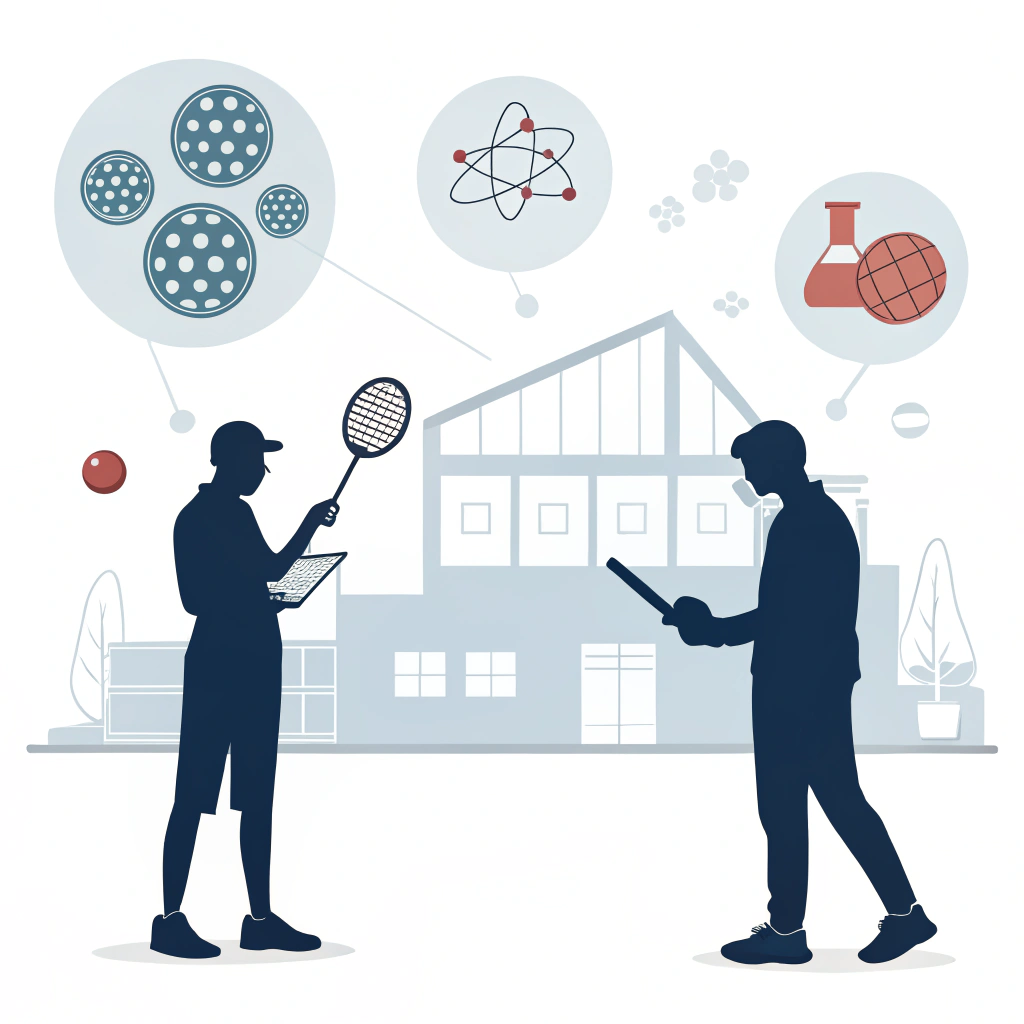 Minimalistic 2D illustration of managers evaluating high-performance pickleball paddles in a modern factory
