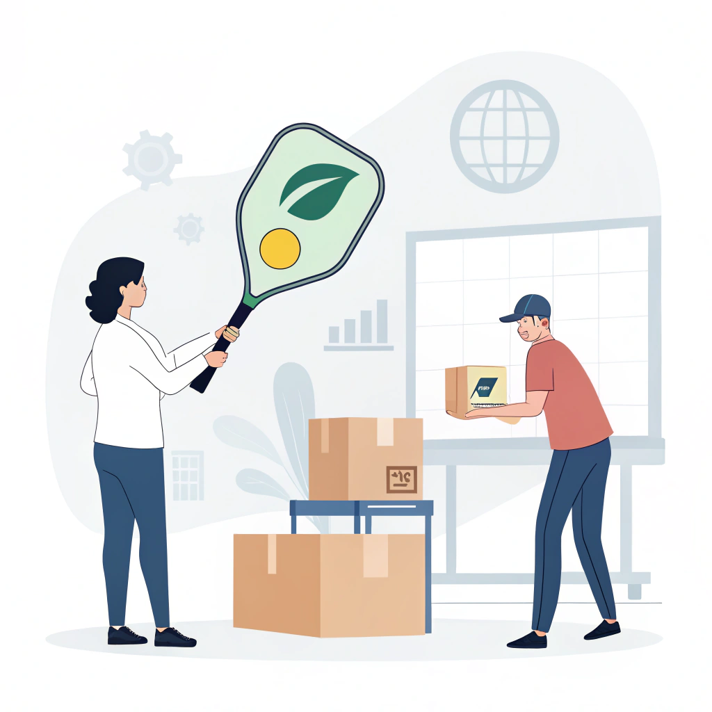 Minimal flat illustration of a distributor’s case study showing custom logo pickleball paddles and quality control