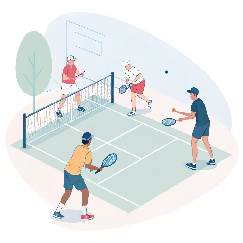 2D minimal illustration of a pickleball training camp with players and a coach monitoring drills