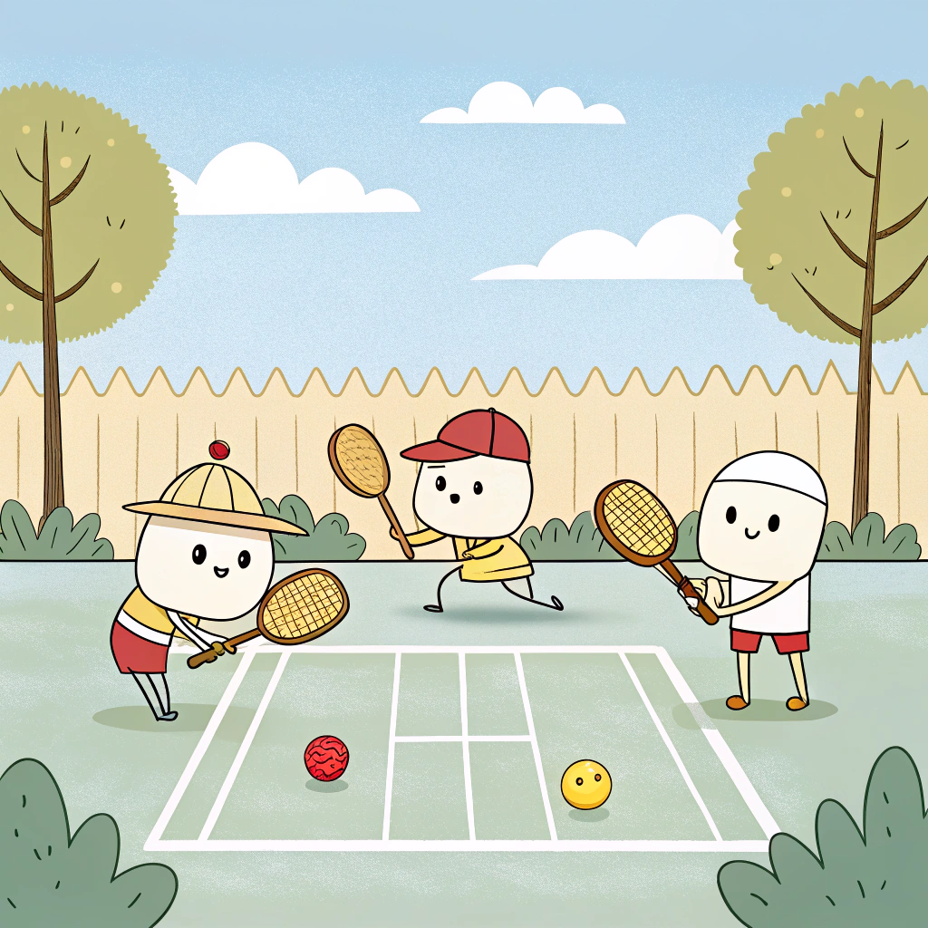 Simple illustration of early pickleball origin with characters, paddles, and a plastic ball in a backyard.