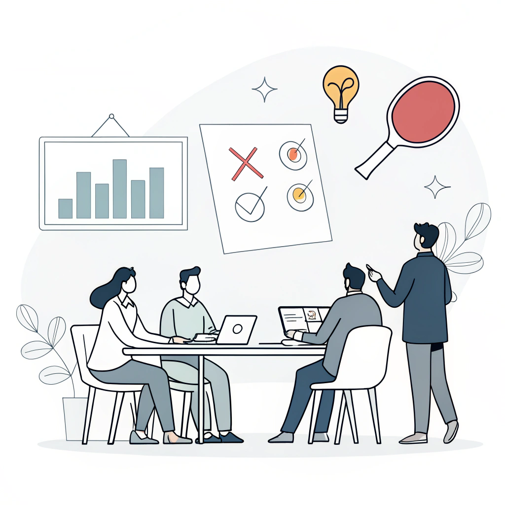 Minimalist flat design of a business meeting discussing paddle procurement strategies.