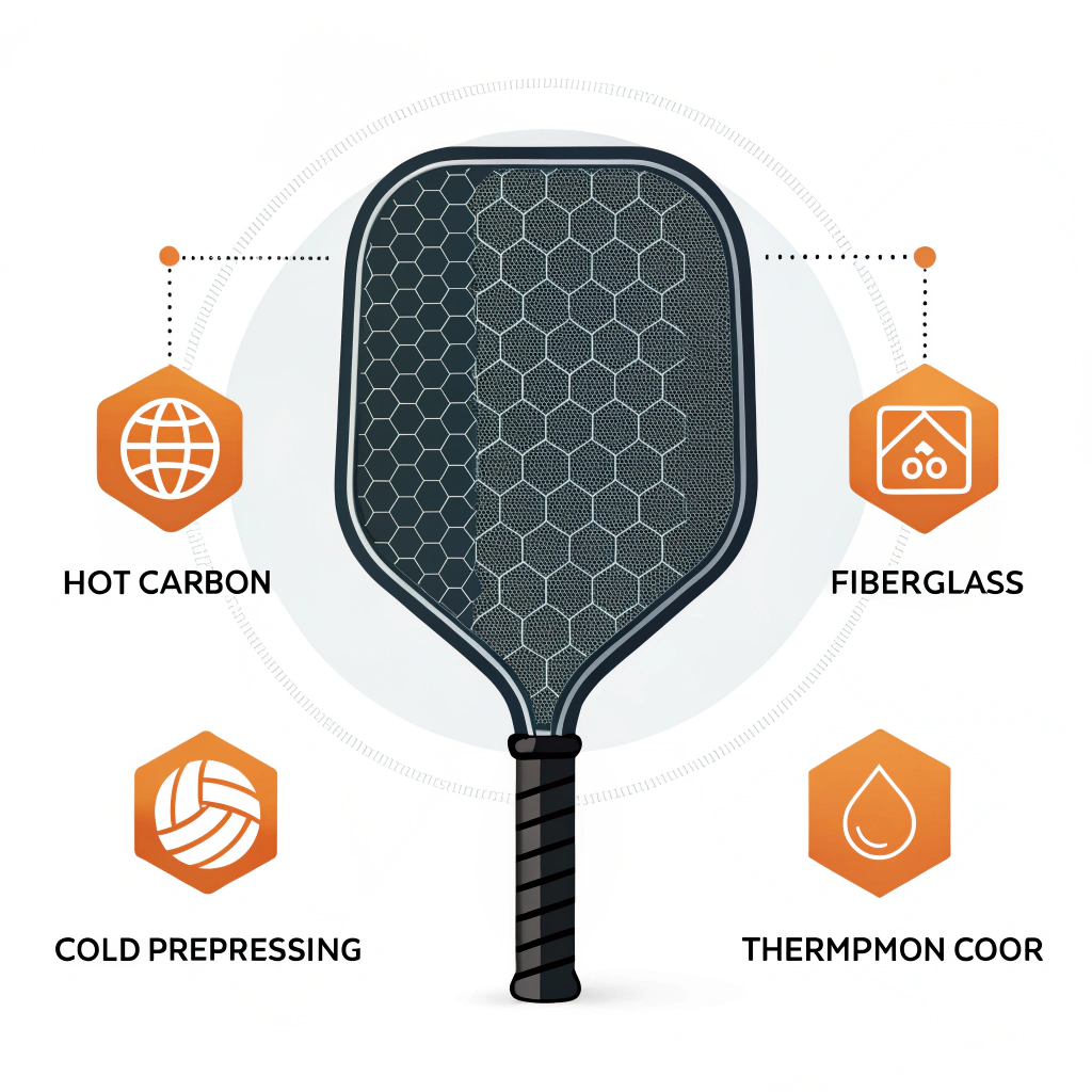 Minimal illustration of a futuristic pickleball paddle with abstract manufacturing icons