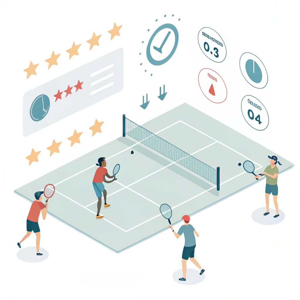 Minimal 2D illustration of pickleball players performing drills with performance icons