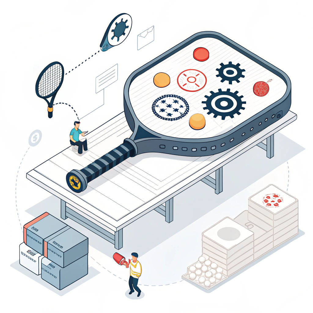 "Minimal 2D illustration of a modern pickleball paddle with abstract production symbols."