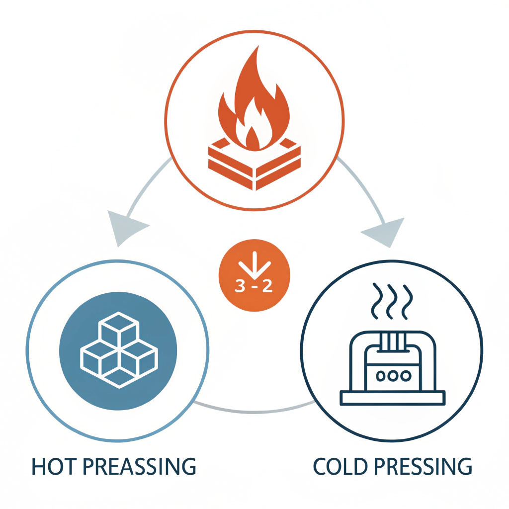 "Flat design icons representing hot pressing, cold pressing, and thermoforming processes."