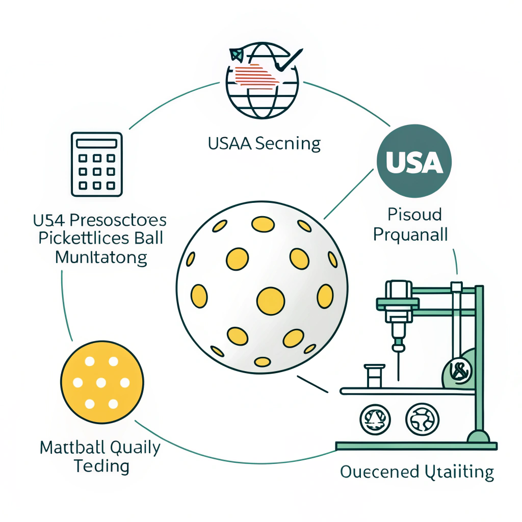 Minimal 2D illustration depicting custom pickleball production with quality testing elements and modern simplicity.