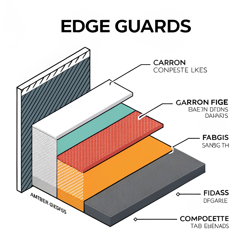 Minimal 2D illustration showing diverse composite materials for edge guards with clear vector style