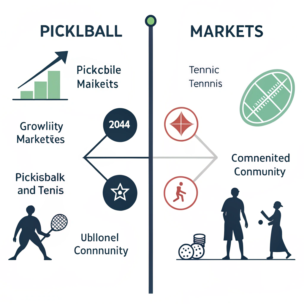 Minimalist 2D illustration with abstract icons comparing pickleball and tennis market trends.