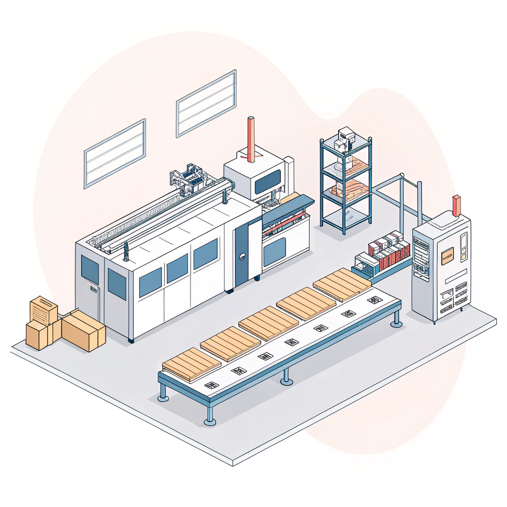 2D minimalist depiction of an advanced thermoforming production facility for paddle manufacturing.