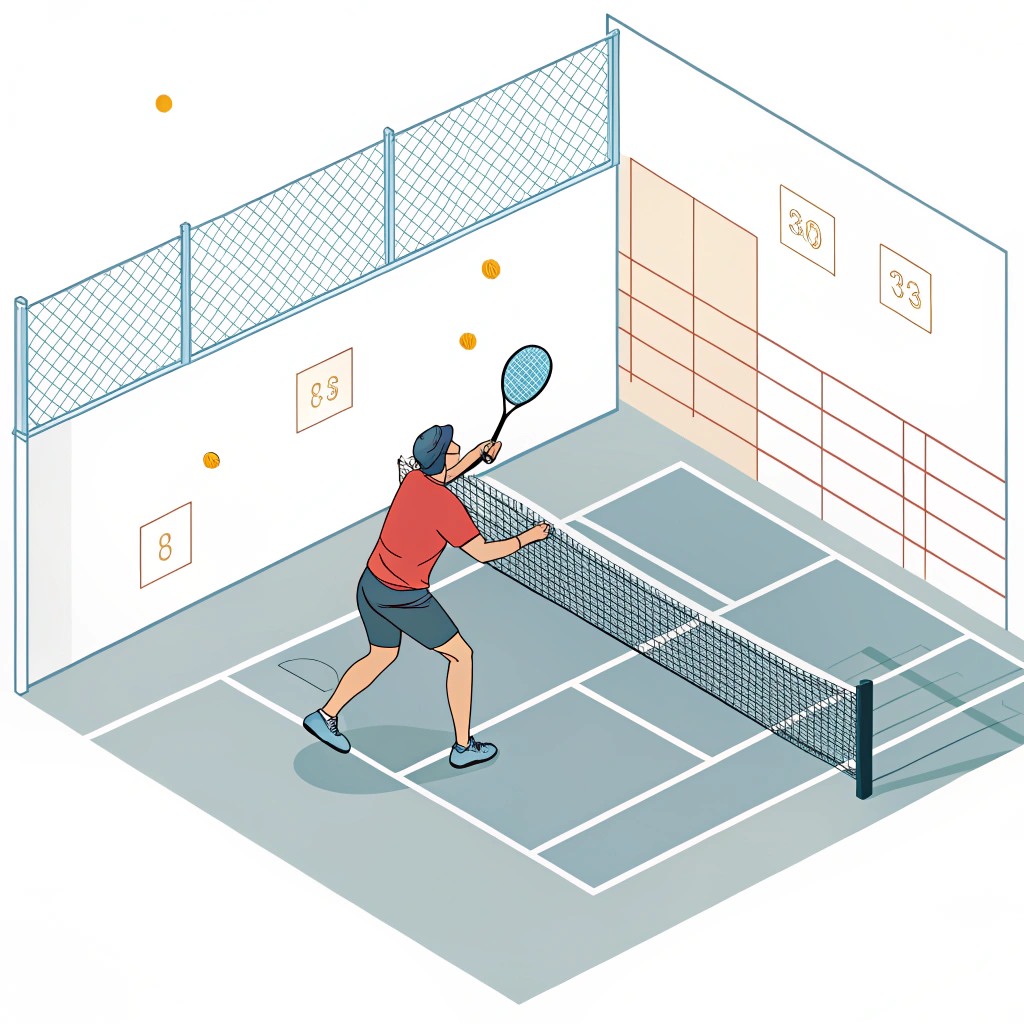 Minimalist 2D illustration of a pickleball paddle in a dynamic sports facility setting