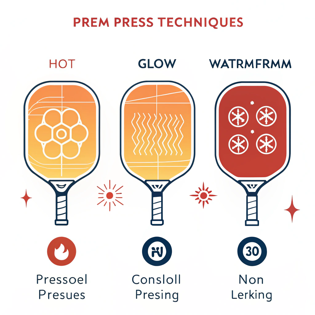 Minimal flat illustration showing three manufacturing processes for pickleball paddles