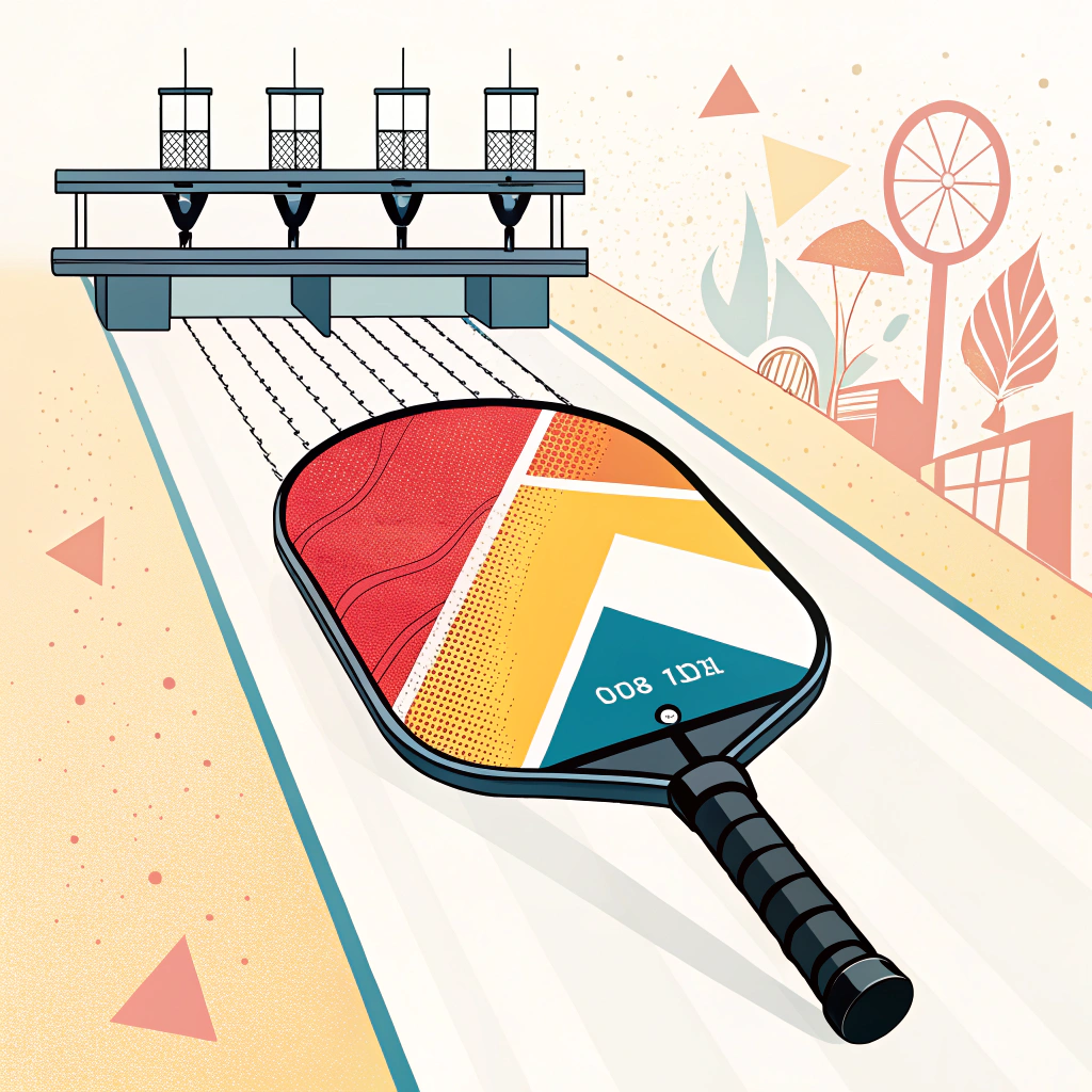 2D illustration of a pickleball paddle with digital DTF transfer process and modern production elements.
