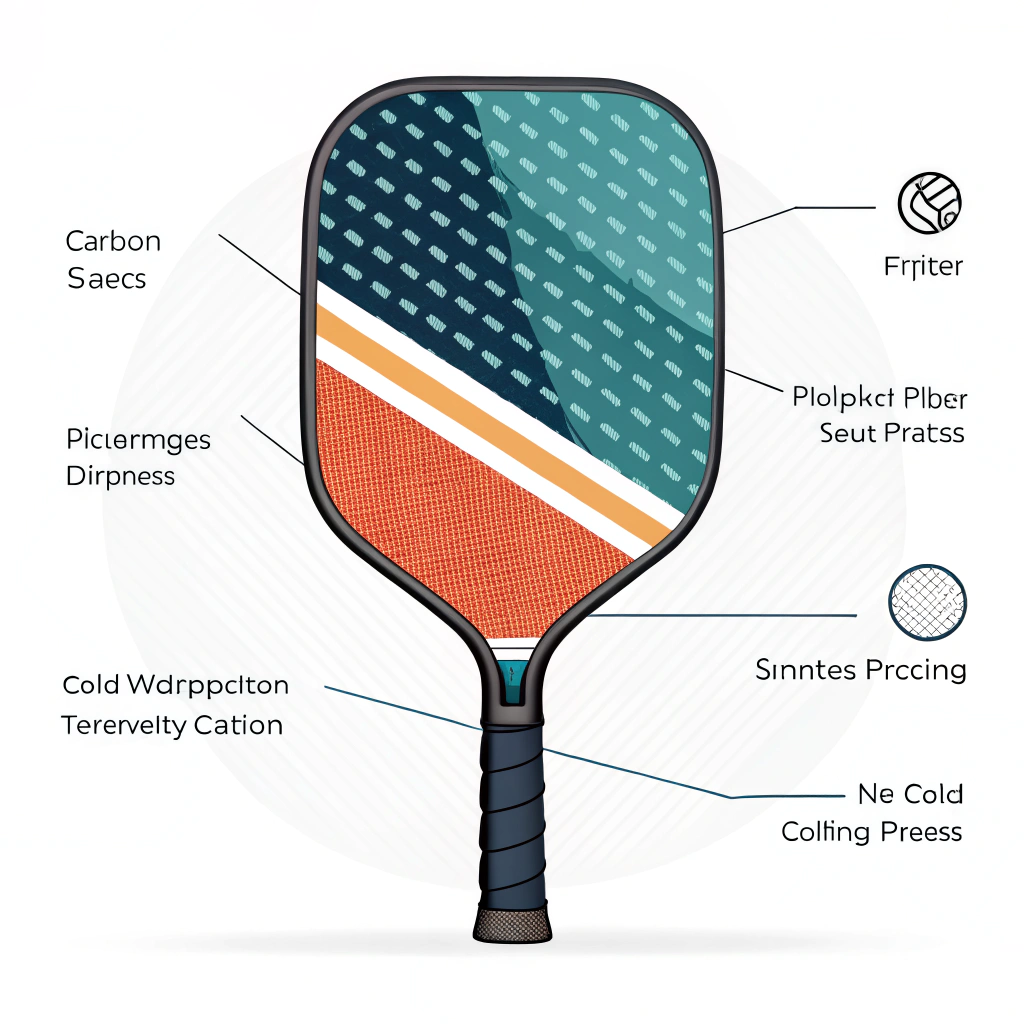 Minimalist 2D illustration of a pickleball paddle with abstract manufacturing design cues.