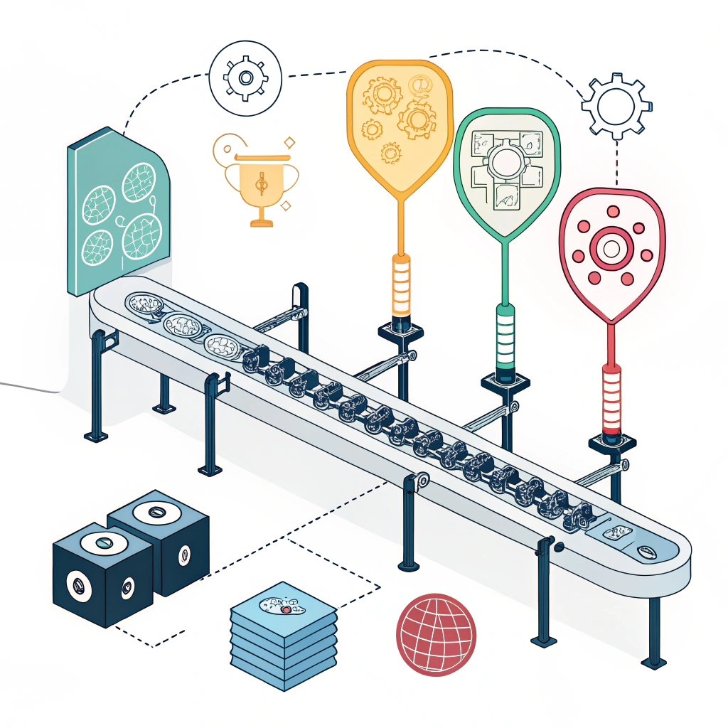 Minimal 2D vector art of a pickleball paddle production line