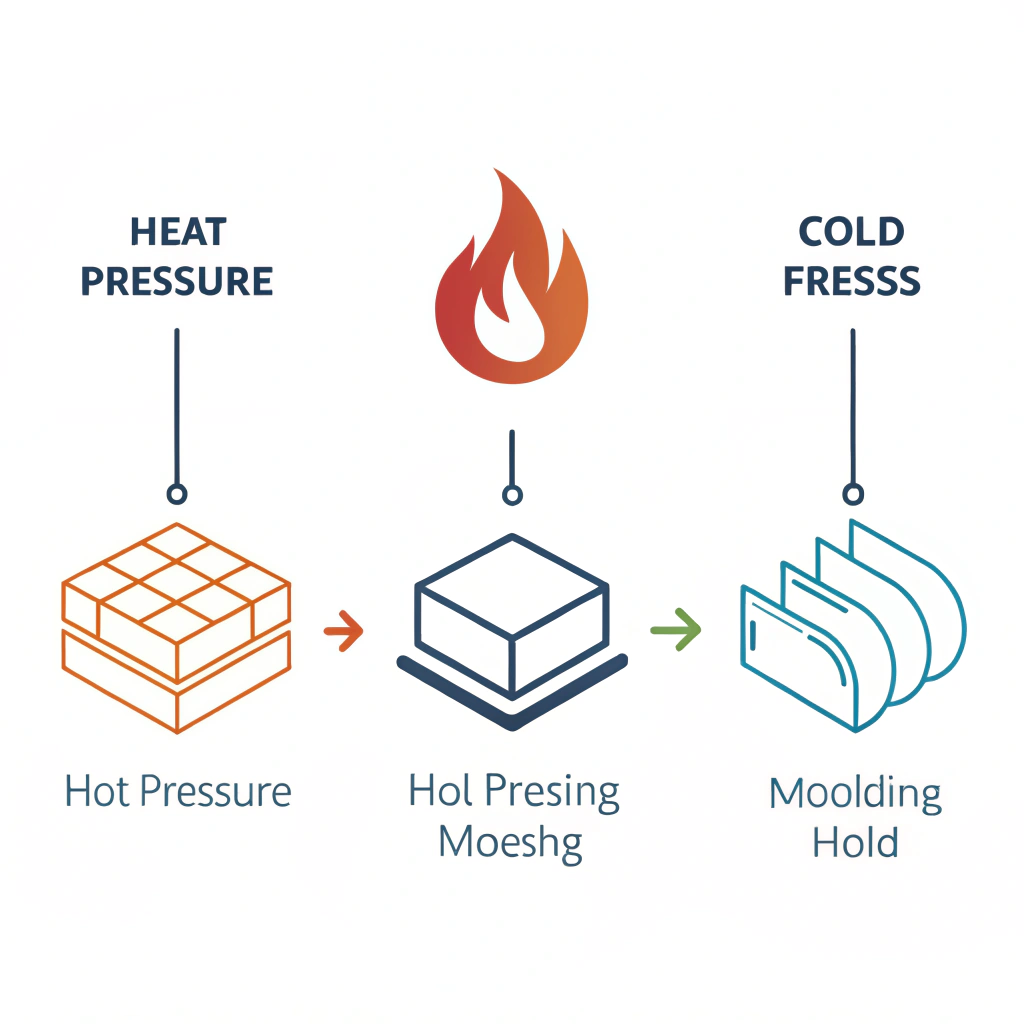 Minimalist 2D illustration of three abstract manufacturing process icons