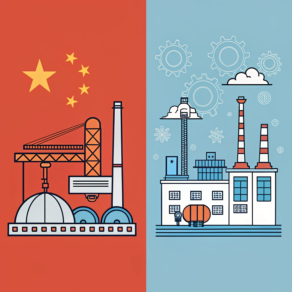 Minimal illustration depicting Chinese and American pickleball paddle manufacturing processes in abstract style.