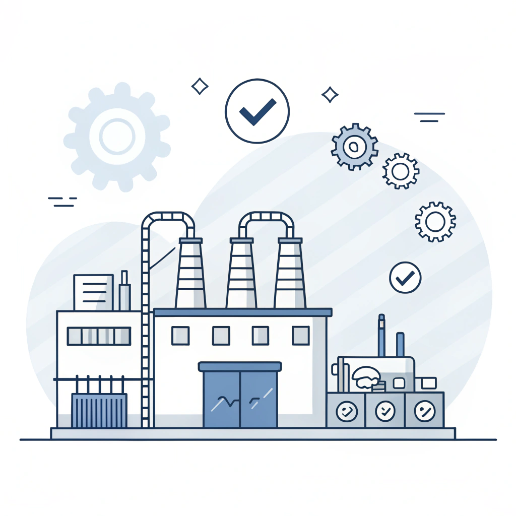 Minimalist 2D illustration of a modern production facility with quality control symbols