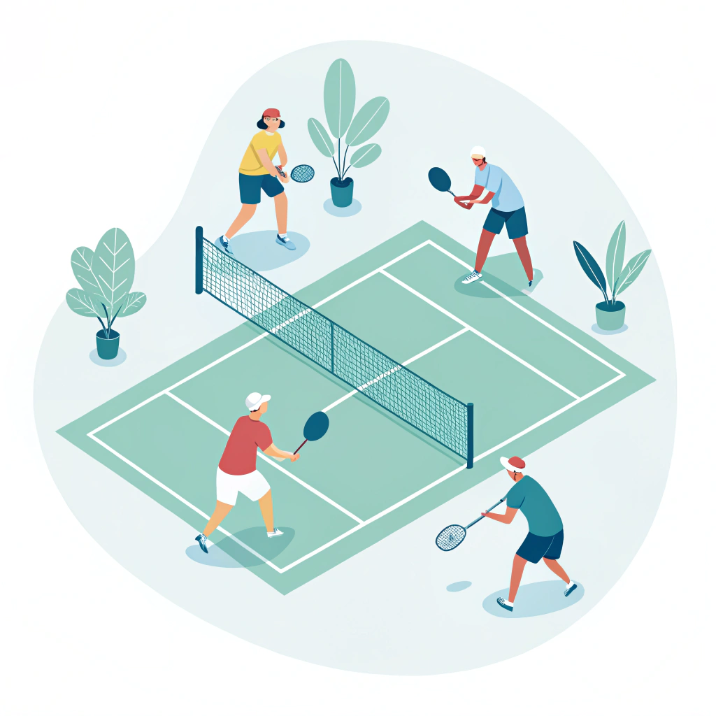 Minimal flat design showing a group pickleball training session with modern equipment.