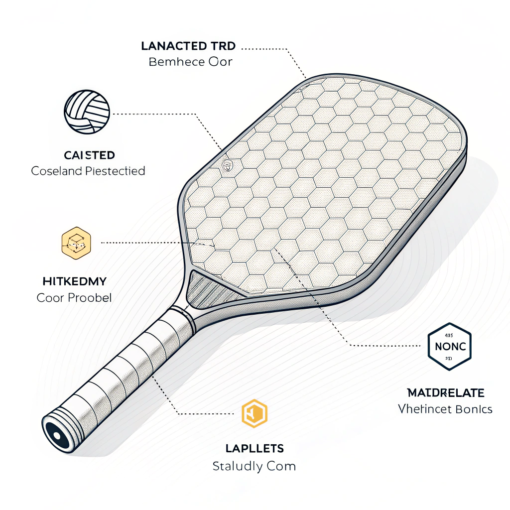 Minimalist 2D illustration of a futuristic pickleball paddle with layered materials and geometric design.
