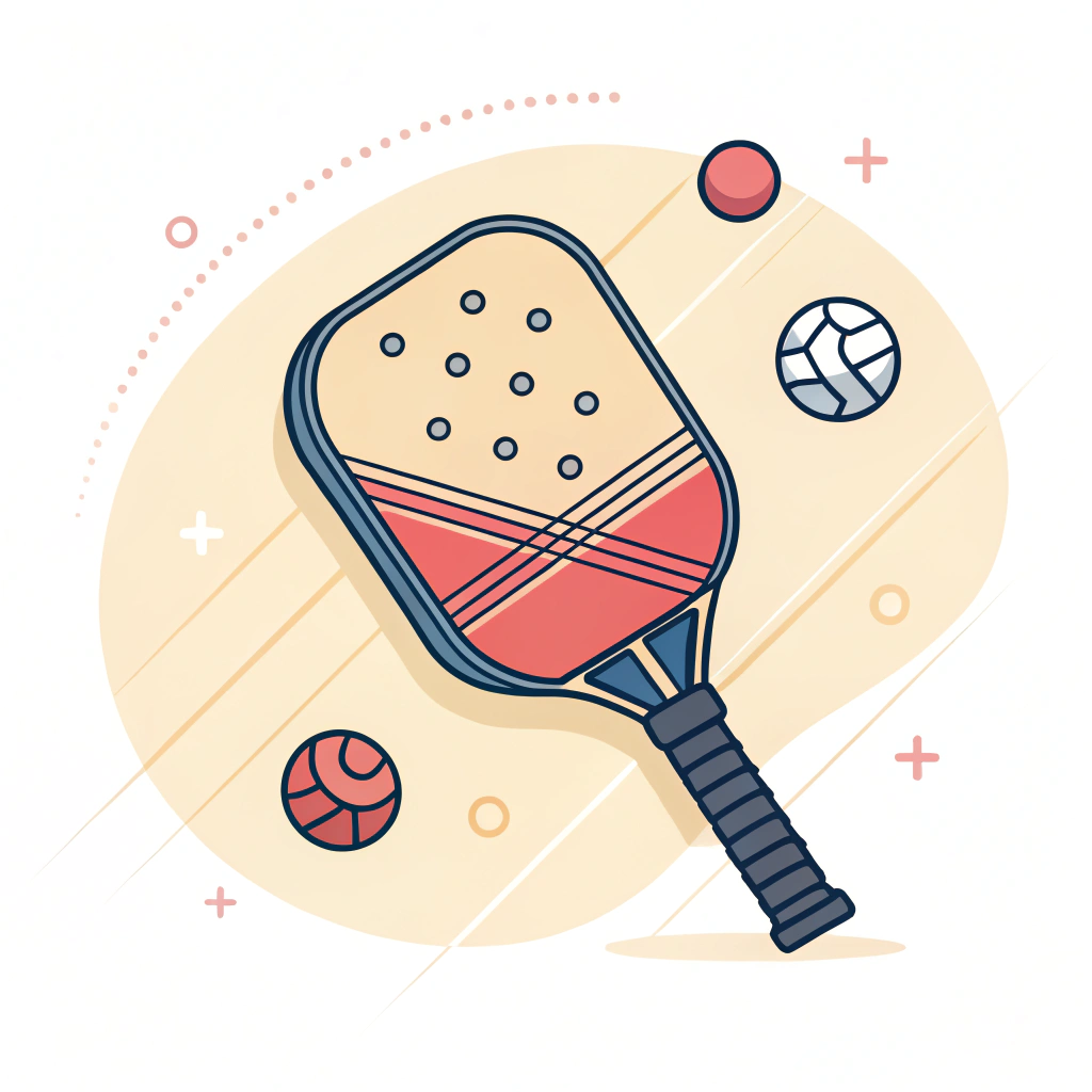 "Minimalist flat illustration of advanced pickleball paddle with dynamic motion elements"