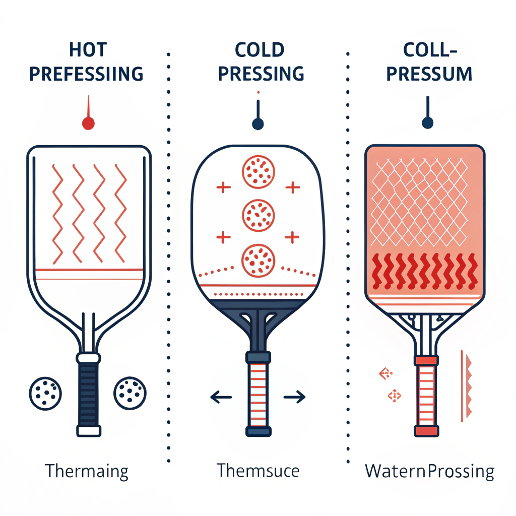 Minimalistic 2D illustration of advanced pickleball paddle manufacturing processes.