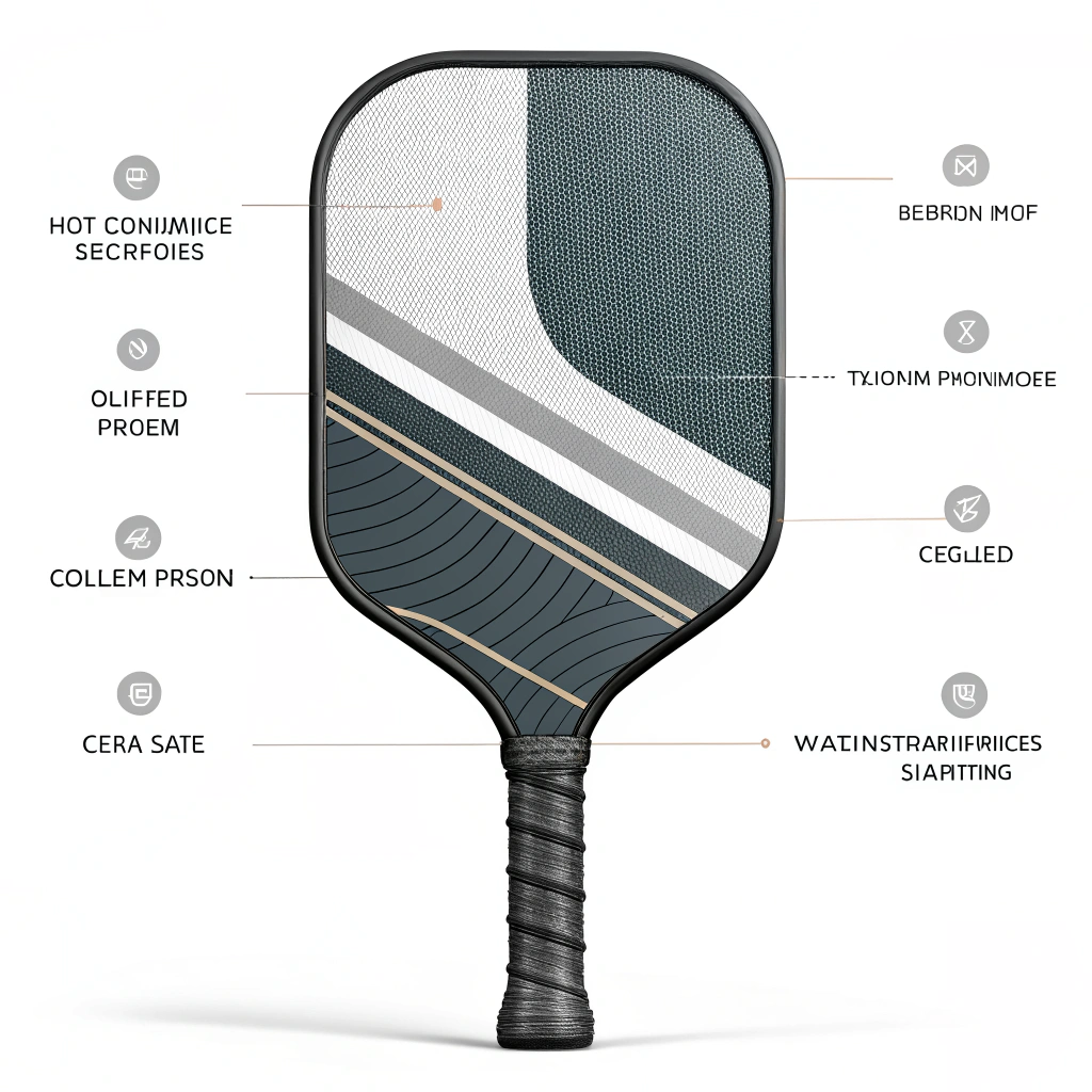 2D minimalist abstract design of a lightweight pickleball paddle with technical elements