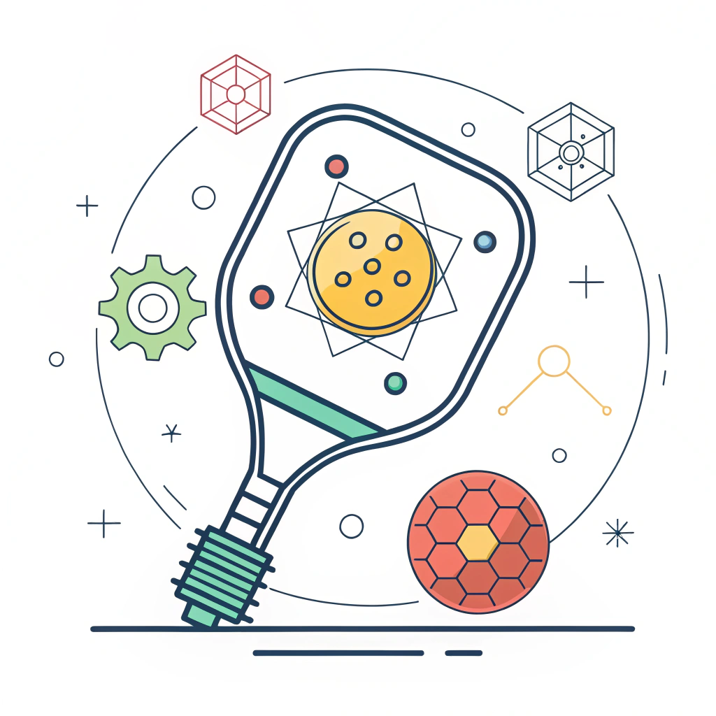 "2D minimalist illustration of a pickleball paddle fused with abstract tech elements symbolizing business innovation"