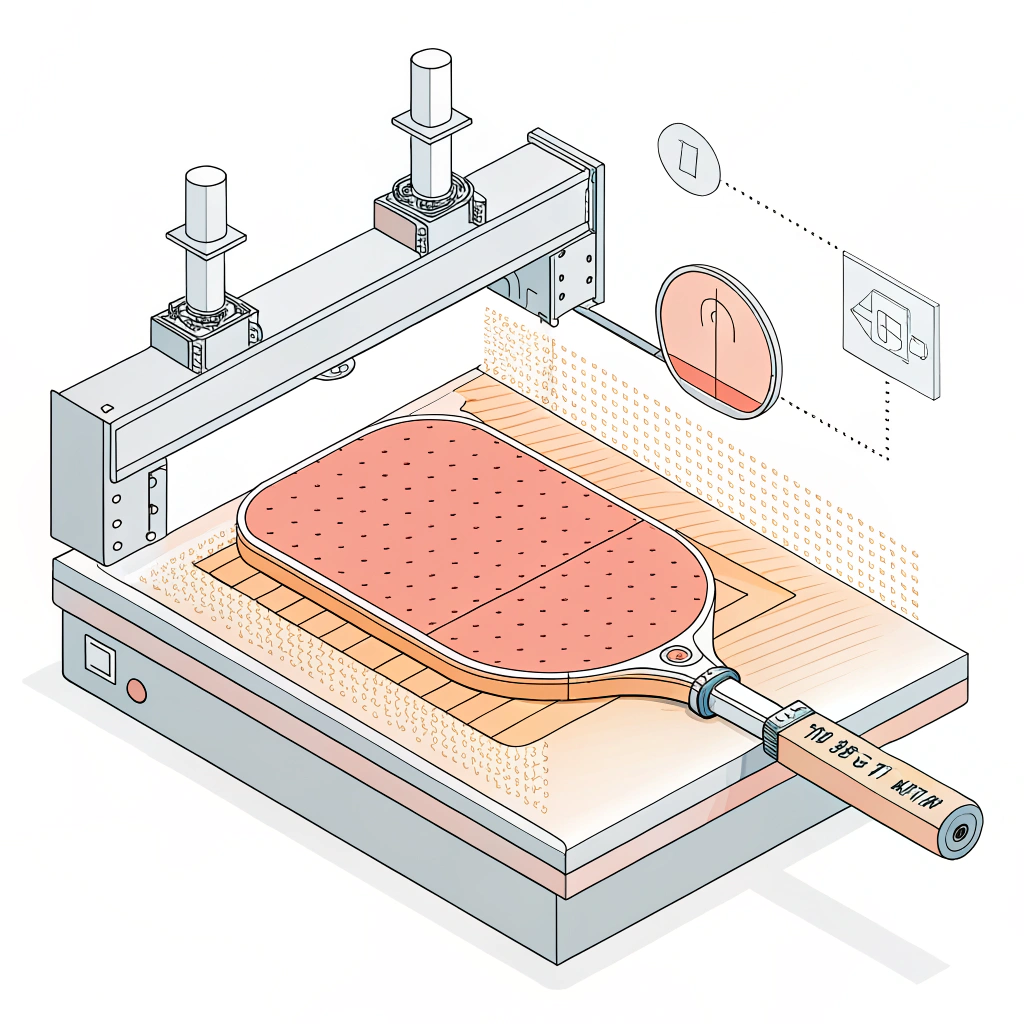 Minimalist 2D illustration of a thermoforming process for pickleball paddles.