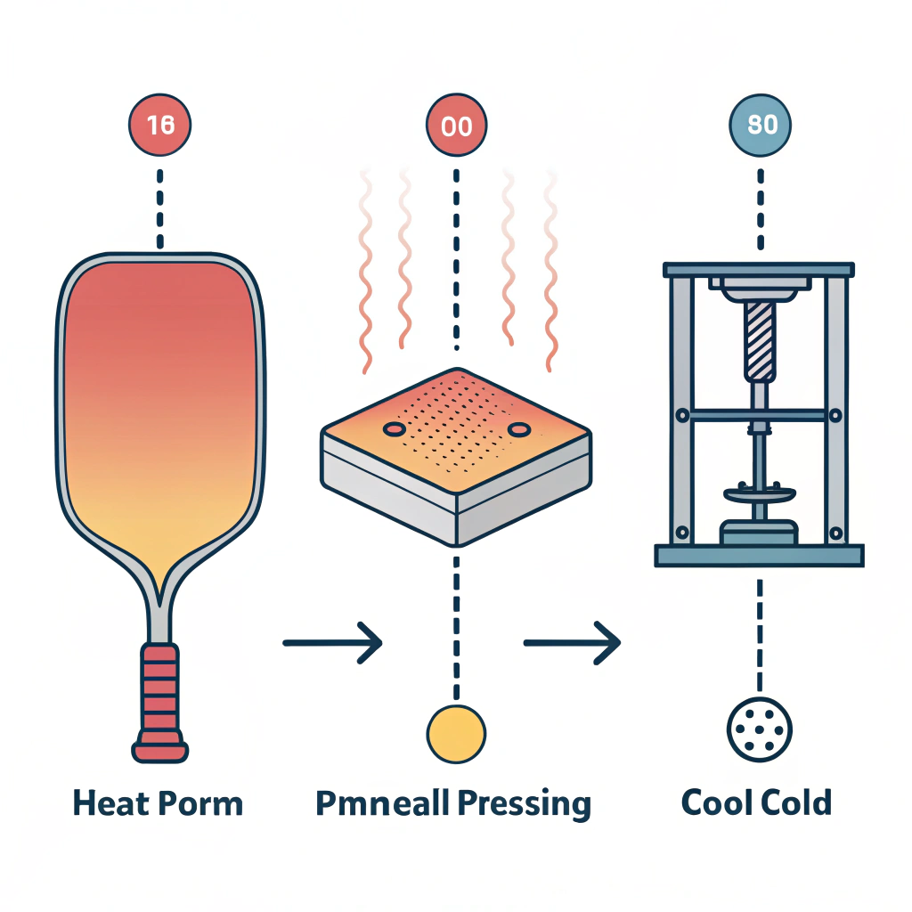 Minimalistic 2D illustration comparing thermoforming, hot pressing, and cold pressing processes for pickleball paddles.