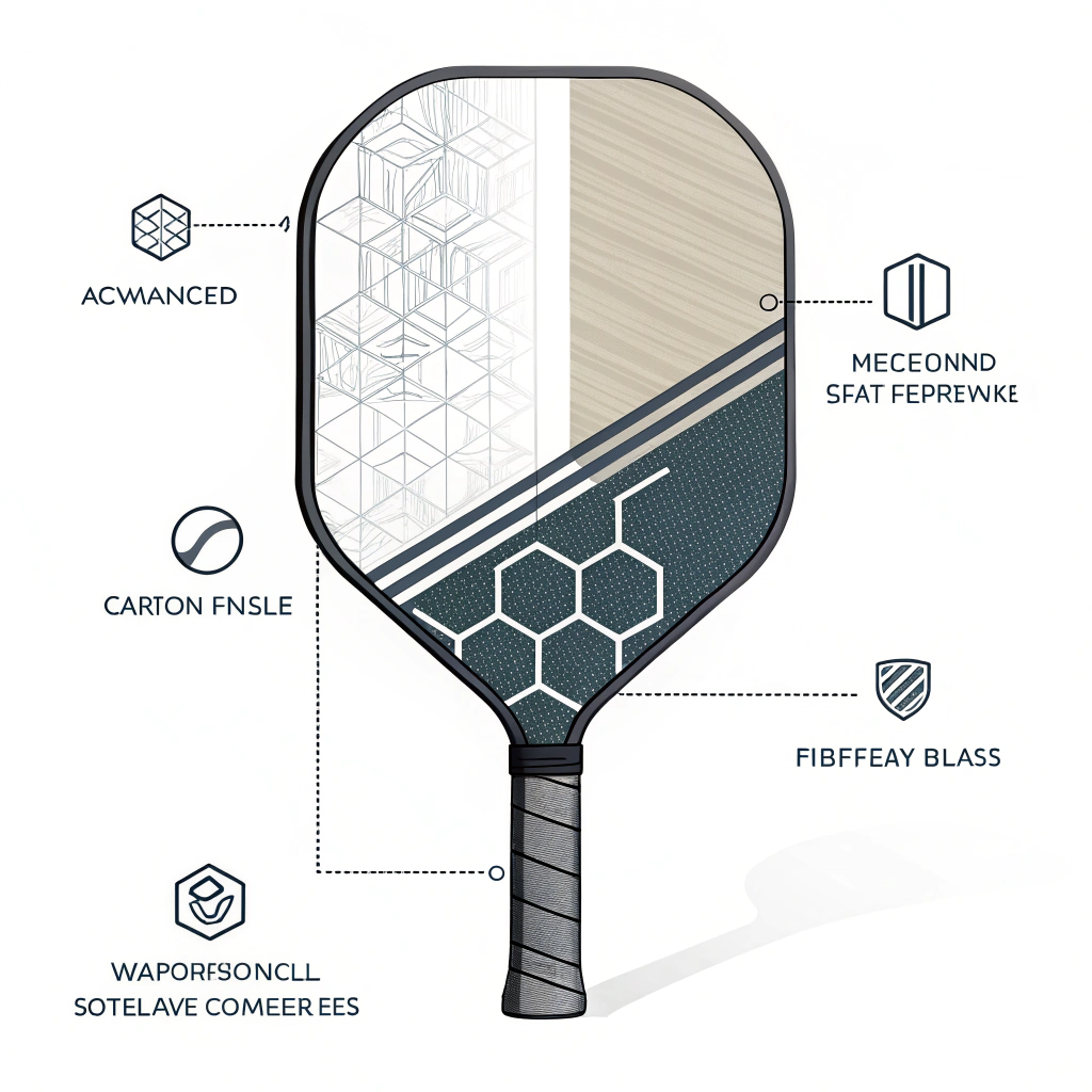 Abstract 2D minimalist illustration of a layered pickleball paddle with production process icons
