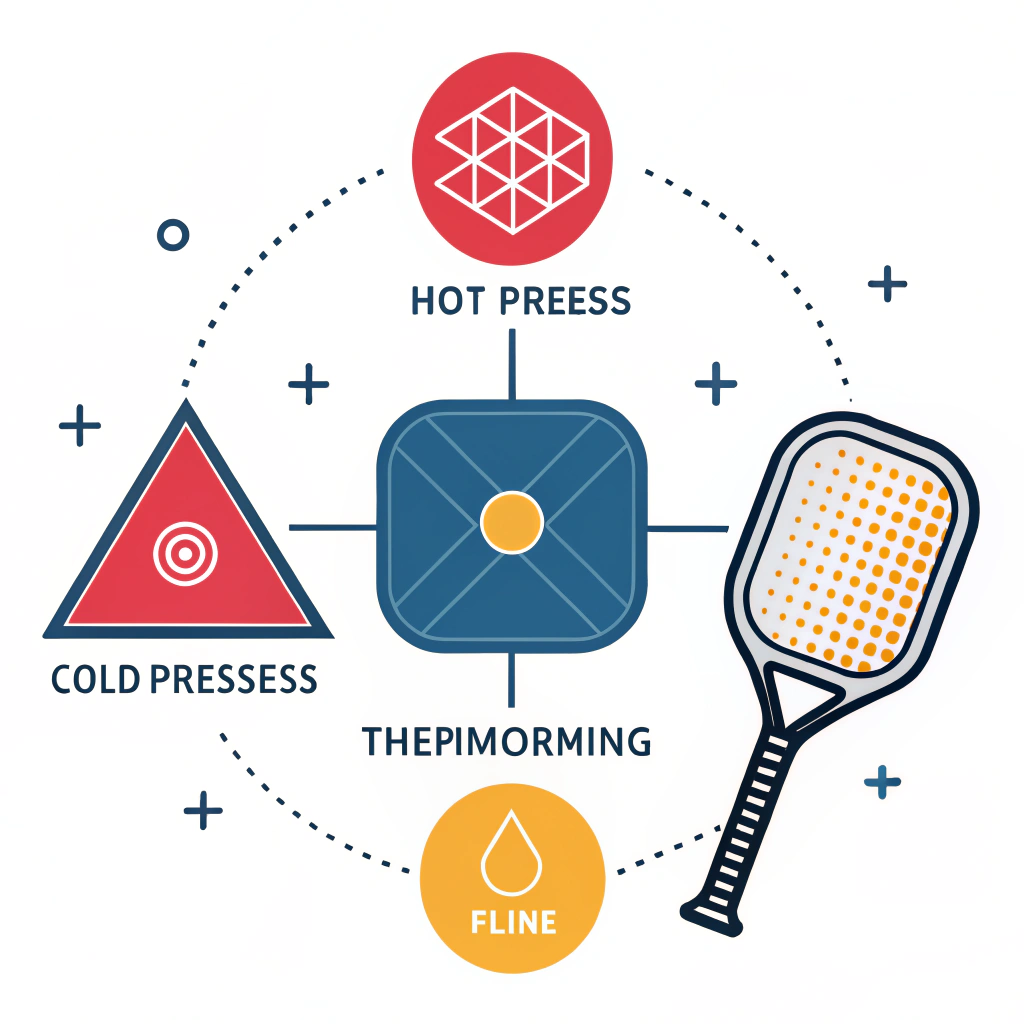 Minimal flat design showing production processes for pickleball paddles with edge tape