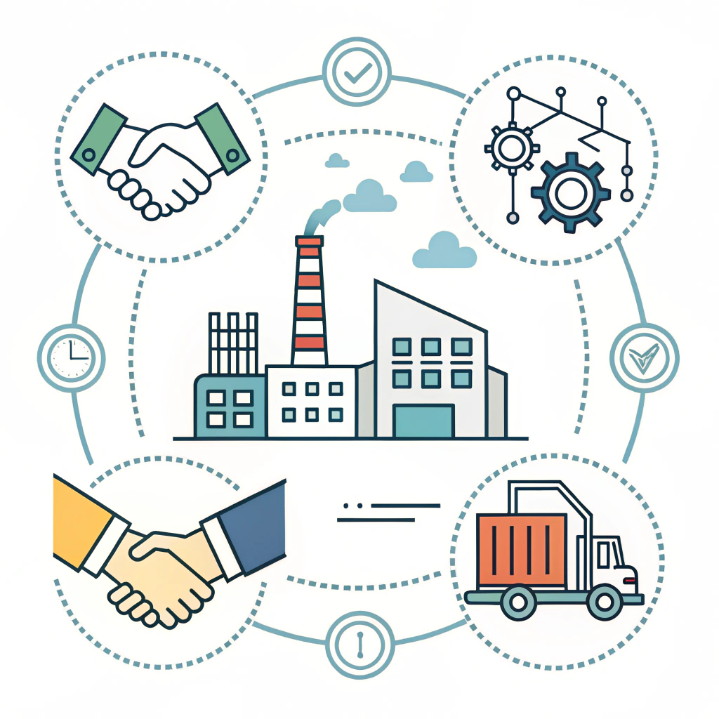 Minimalist 2D illustration symbolizing business partnership and efficient production logistics in sports equipment manufacturing