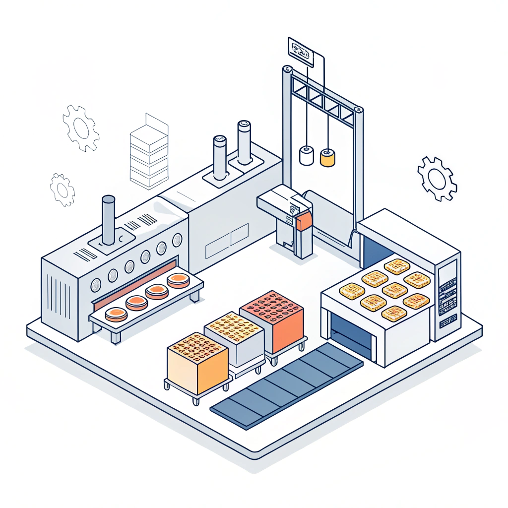 Minimalist 2D illustration highlighting advanced pickleball paddle manufacturing processes in a modern factory setting.