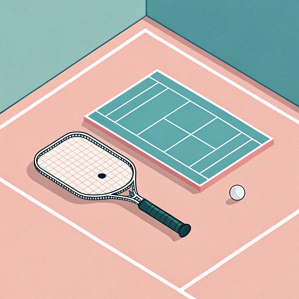 "Minimalist illustration of pickleball paddle on a simple court background"